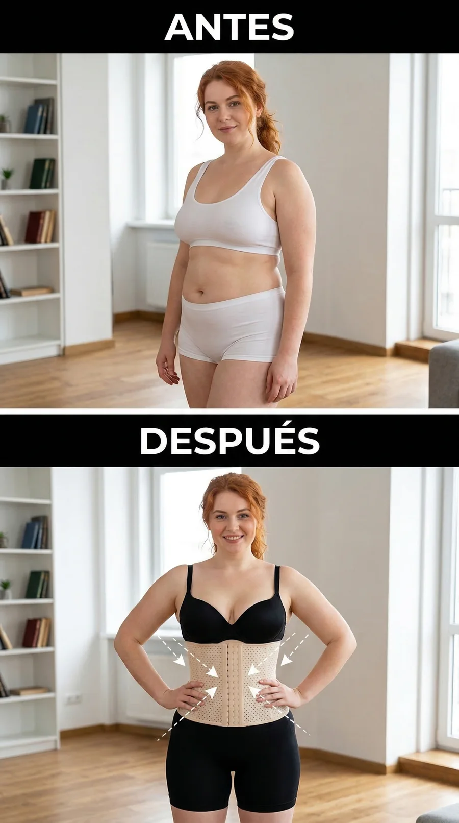 Comparativa antes y después usando faja beige con compresión