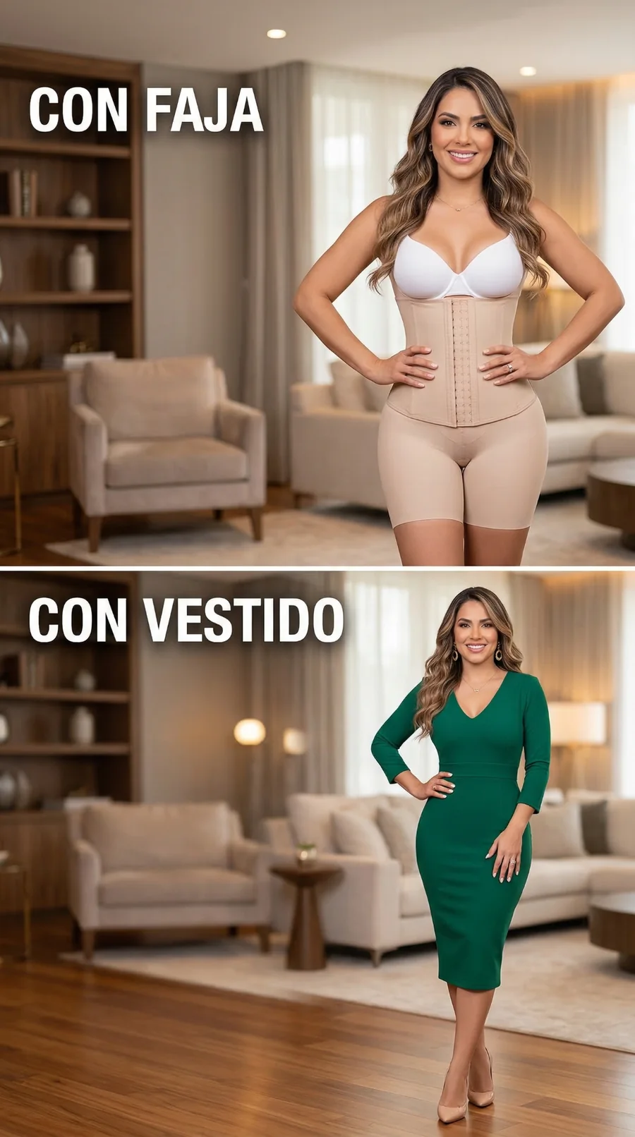 Modelo con faja y luego con vestido verde elegante